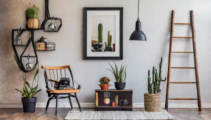 Interior design of living room with black poster mock up frame, shelf, cacti, plant, books, photo camera, wooden ladder and elegant personal accessoreis. Grunge wall. Stylis