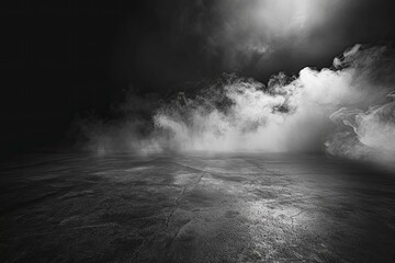 Wall Mural - Abstract image of dark room concrete floor. Black space or stage backdrop for product placement. Abstract fog panoramic view with generative ai