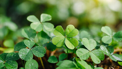 Wall Mural - Lucky Irish Four Leaf Clover in the Field for St. Patricks Day background with copy space.