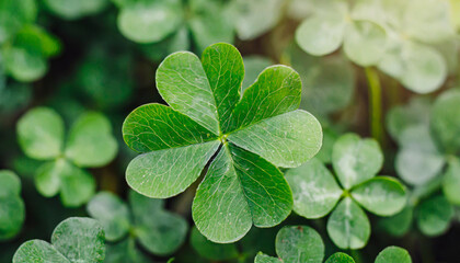 Wall Mural - Lucky Irish Four Leaf Clover in the Field for St. Patricks Day background with copy space.