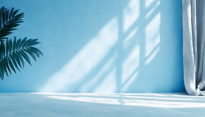 Wall Mural - Blurred shadow from palm leaves on the light blue wall. Minimal abstract background for product presentation. Spring and summer.