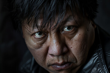 Wall Mural - Close-up portrait of a middle aged man of Asian descent, studio photo, against a sleek gray studio backdrop