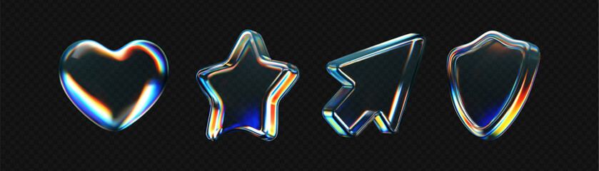 Wall Mural - 3d glass icon - heart, star, arrow, protect shield with refraction, holographic effect isolated on d