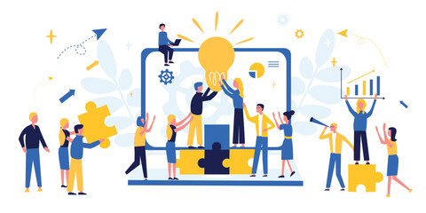 Wall Mural - Business concept. Team metaphor. People connect puzzle elements. Flat illustration in flat design style. Teamwork, collaboration, partnership. Businessmen working together and moving towards success.