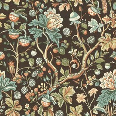 Wall Mural - Vintage Botanical Illustration with Floral and Berry Patterns