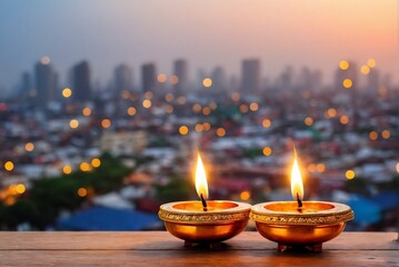 Celebrating Deepavali with Oil Lamp Against Blurred Indian City at Night and Copy Space. Deepavali Greeting Card Concept.