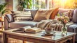 © Sirinporn - Cozy living room scene with a discarded magazine lies open on a worn couch, surrounded by soft cushions and a few scattered coffee table books.