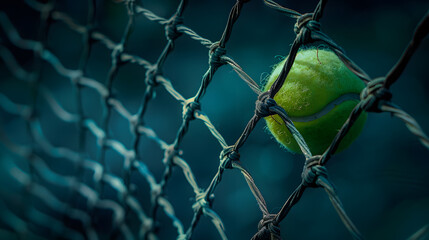A tennis ball is sitting in a net