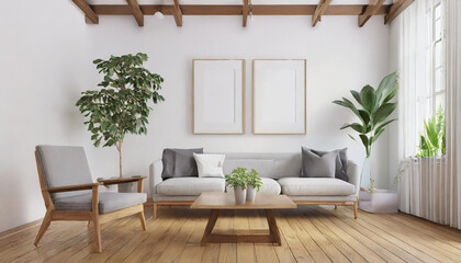 Wall Mural - Scandinavian interior poster mock up with horizontal wooden frames, light grey sofa on wooden floor, wooden side table and green plant in living room with white wall. 3d illustrations.