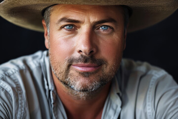 Wall Mural - Close-up portrait of a middle aged man of European descent, studio photo, against a sleek gray studio backdrop