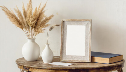 Square wooden frame mockup on vintage bench, table. Modern white ceramic vase with dry Lagurus ovatus grass, books and busines card. White wall background. Scandinavian interior.