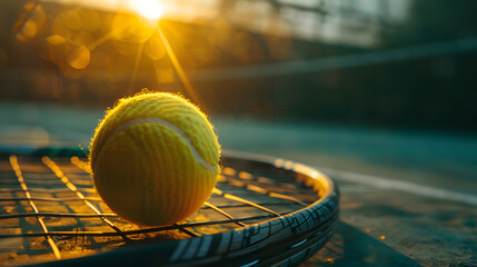 A tennis ball is sitting on a tennis net