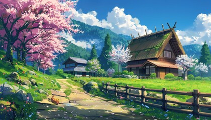 Wall Mural - illustration art life on vilage on spring sytle anime, anime cartoon style