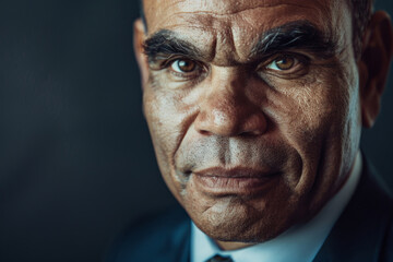 Canvas Print - Close-up portrait of a middle aged Indigenous man, studio photo, against a sleek gray studio backdrop	