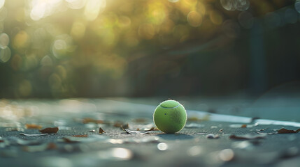 A tennis ball is sitting on a wooden surface