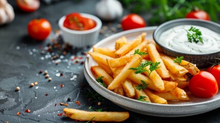 Delicious plate of french fries with dip and fresh tomatoes. Perfect for food and snack concepts