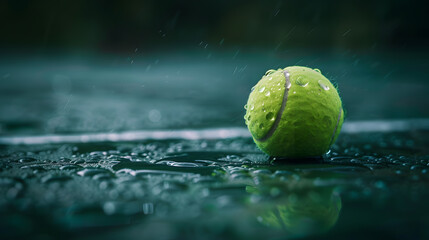 A tennis ball is sitting on a wet court