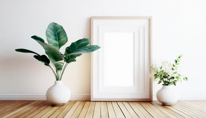 Wall Mural - White rectangular vertical frame hanging on a white wall mockup