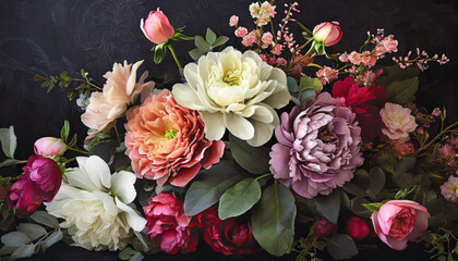 Wall Mural - Vintage bouquet of beautiful flowers on black background.