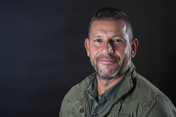 Canvas Print - Close-up portrait of a middle aged Latino man, studio photo, against a sleek gray studio backdrop