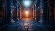 © AshrofS - Mysterious dimly lit stone corridor with arches and lanterns creating a fantasy, medieval atmosphere. Perfect for fantasy or Gothic themes.