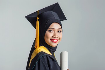 A portrait of female Malay graduate smiling at the camera while holding a scroll.