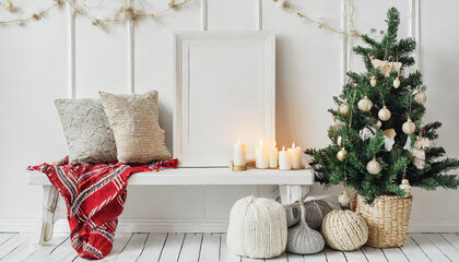 White blank wooden frame mockup with Christmas tree, candles, linen cushions and plaid on the white bench. Poster product design. Scandinavian home decor, nordic design