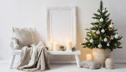 White blank wooden frame mockup with Christmas tree, candles, linen cushions and plaid on the white bench. Poster product design. Scandinavian home decor, nordic design