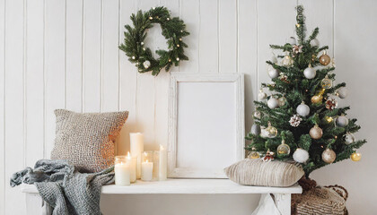 White blank wooden frame mockup with Christmas tree, candles, linen cushions and plaid on the white bench. Poster product design. Scandinavian home decor, nordic design