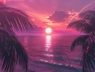 Wall Mural - Sunset over the ocean with palm trees