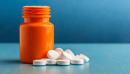 Wall Mural - White pills in orange bottle on blue background close up with copy space