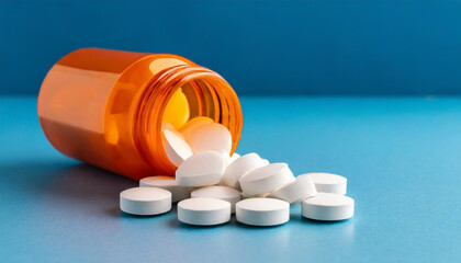 Wall Mural - White pills in orange bottle on blue background close up with copy space