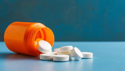 Wall Mural - White pills in orange bottle on blue background close up with copy space