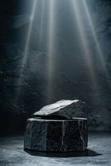 Black obsidian stone podium for product presentation on a minimalist, dark-themed backdrop with soft spotlights