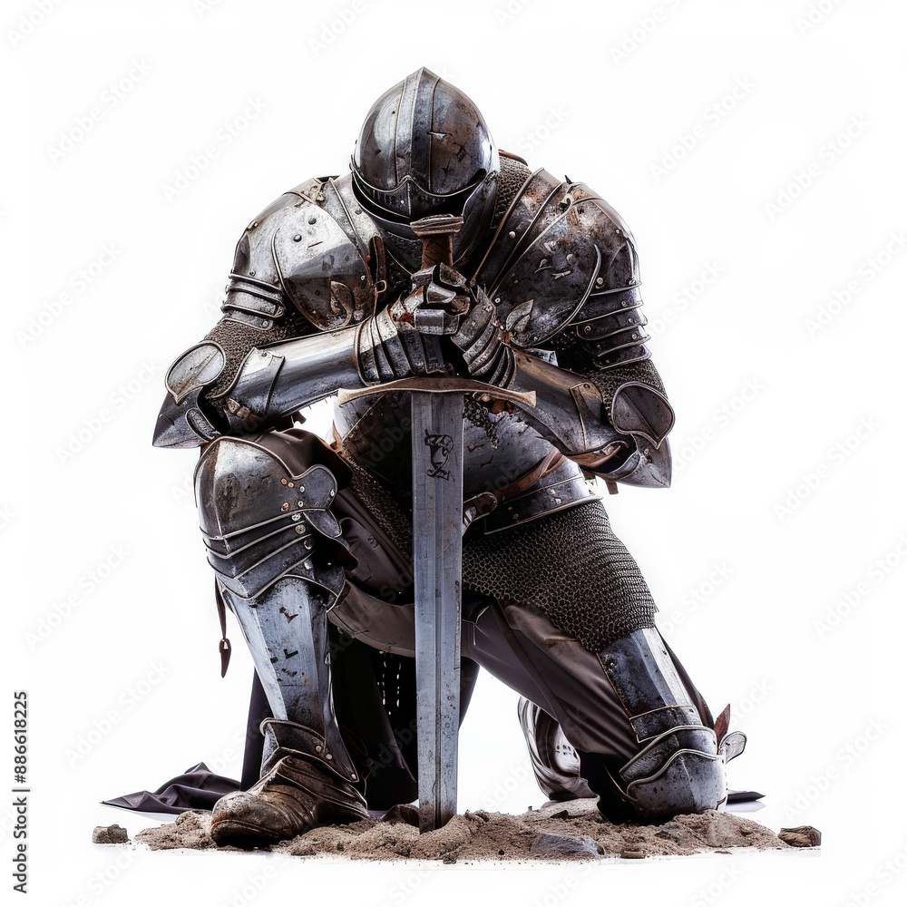 A knight in gleaming armor, kneeling with a sword planted in the ground, paying homage, isolated on white background.