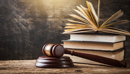 Wall Mural - Wooden gavel and books on wooden table, law concept