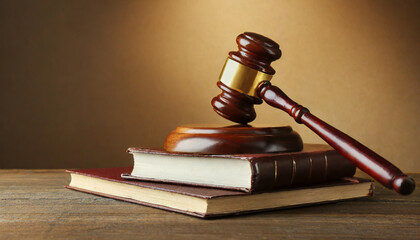 Wall Mural - Wooden gavel and books on wooden table, law concept