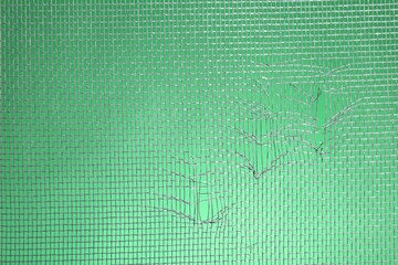 Wall Mural - Torn window screen against green background, closeup