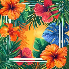 Sticker - Vibrant Tropical Floral Frame with Exotic Flowers and Patterned Background