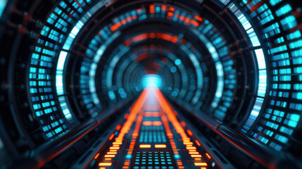 Wall Mural - Futuristic tunnel illuminated with vibrant blue and orange lights, creating a high-tech and sci-fi atmosphere. Perfect for technology and innovation concepts.