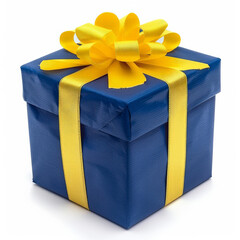 A gift box wrapped in royal blue paper with a big yellow bow, isolated on white background