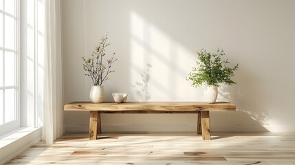 Poster - Minimalist Wooden Table in Bright Airy Space for Eco Friendly Home Decor and Product Showcasing