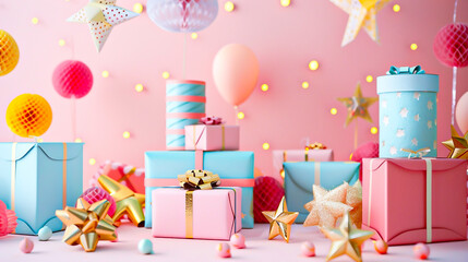 Gifts of pink, blue, yellow, different shapes: square, rectangular, round stand on a pink background. Around there are stars and balls