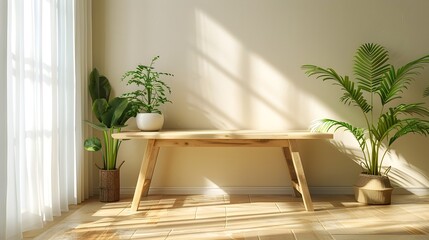 Canvas Print - Bright Airy Room with Minimalist Wooden Table for Product Display