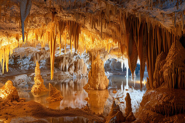 Generative ai on theme of a large beautiful sharp stalactites hanging down from deep mountain cave