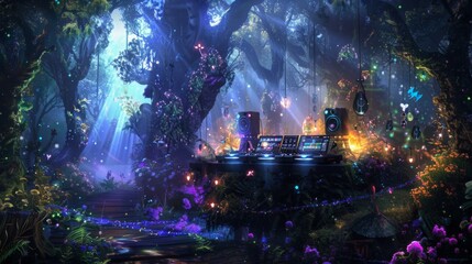 Aufkleber - A DJ setup is placed in the middle of an enchanted forest, surrounded by glowing flowers, trees, and magical lights.