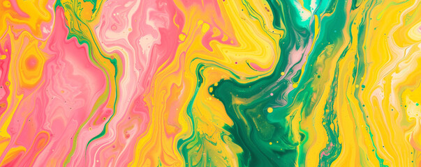 Wall Mural - Abstract fluid art background showcasing bright, cheerful colors of yellow, pink, and green, blending together to create a lively and vibrant pattern.