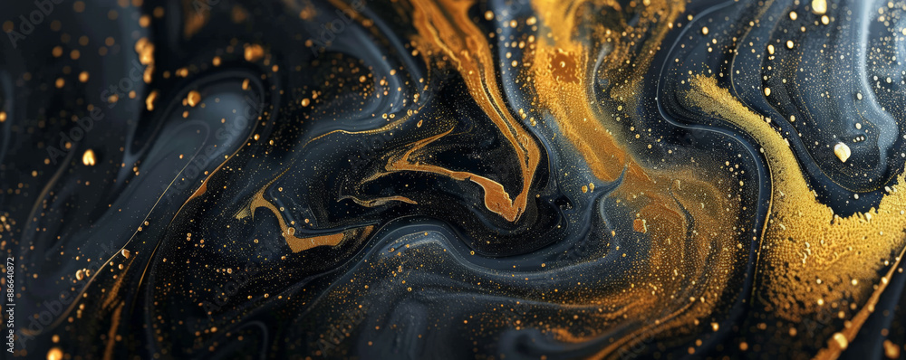 Abstract fluid art background featuring a combination of gold and black ...