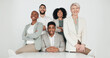 © peopleimages.com - Happy, team portrait of business people by desk for legal company, commitment and leadership. Employees, smile and diversity at corporate law firm for internship, collaboration and solidarity at work