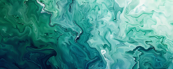 Wall Mural - Abstract fluid art background with cool tones of greens and blues flowing together, forming a serene, nature-inspired pattern with smooth transitions.